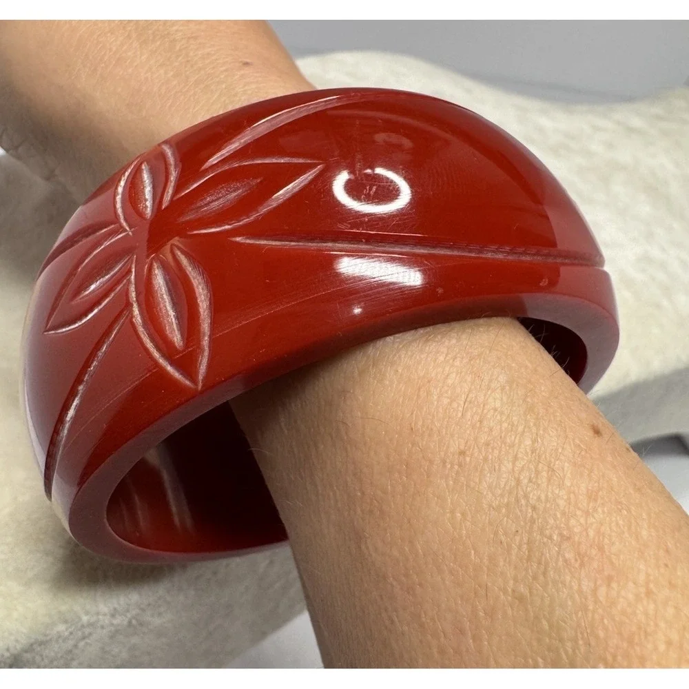 Vintage Carved Red Floral Bangle Bracelet Chunky Wide Domed Statement Jewelry